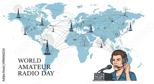 A vector illustration commemorating World Amateur Radio Day features a radio operator with vintage equipment beside a world map with antenna signal transmission towers and global
