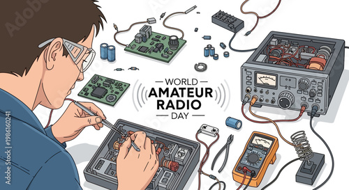 For World Amateur Radio Day, an illustration depicts a ham radio operator working on signal transmission network components with vintage radio equipment and modern radio technology