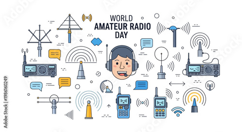 An illustration commemorating World Amateur Radio Day, featuring a central radio operator with various antenna signals and vintage radio equipment against a clean white background