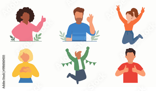Foto Happy People Gestures Thumbs Up OK Victory Cartoon Vector Illustration