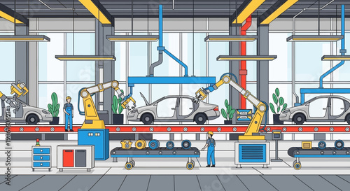 Robotic arms assembling a car.