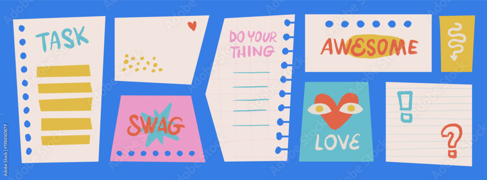 Naklejka premium Trendy girly sticky note templates set. Cute cartoon hand drawn paper scraps with words task, swag, awesome and love. Colorful vector planner dashboard for digital journals and social media posts.