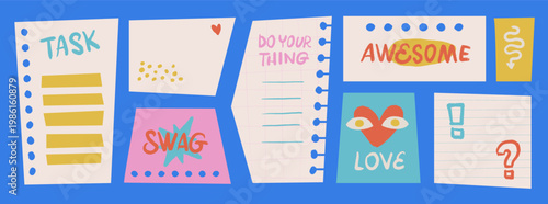 Trendy girly sticky note templates set. Cute cartoon hand drawn paper scraps with words task, swag, awesome and love. Colorful vector planner dashboard for digital journals and social media posts.