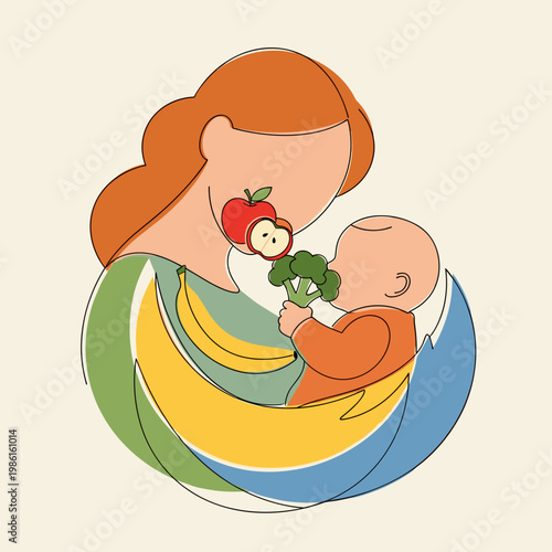 Stylized mother holding baby with healthy fruits and vegetables
