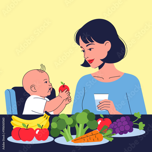 Mother and baby at table with healthy fresh fruits and vegetables
