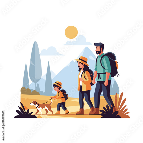 Happy family hiking in the mountains with their pet dog