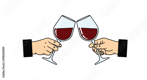 Two hands clad in formal black suit sleeves raise crystal glasses filled with rich red wine for a celebratory toast against a clean white backdrop.