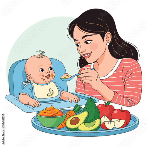 Smiling Mother Feeding Cute Baby in High Chair Vector