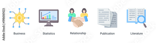 Business insight icon set featuring data analysis,communication,and reporting elements.Perfect for corporate and analytical design projects.