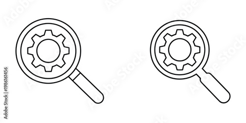 technical support and configuration symbols pack, magnifying glass with cogwheel representing system settings and troubleshooting, search and repair tools concept, clean outline and filled vector icon