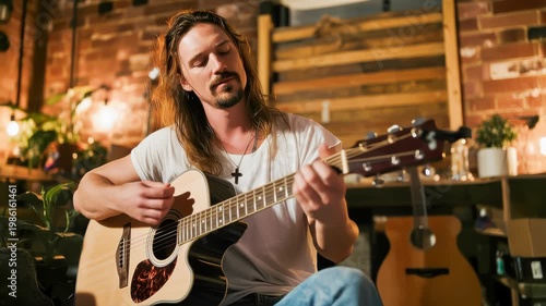Male musician playing acoustic guitar in a cozy studio with warm lights and relaxed creative atmosphere