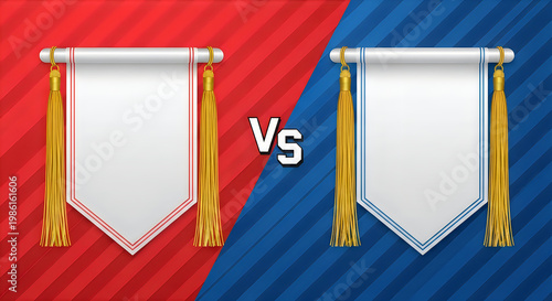 Competition Banners Showing Versus Battle Concept with White Flags and Golden Tassels illustration