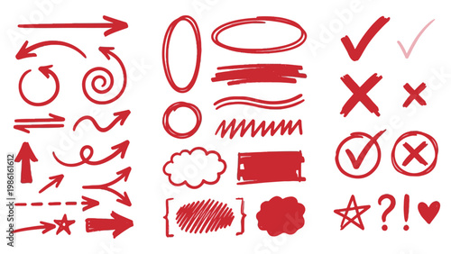 Red Hand Drawn Marker Annotation Symbol Set for Editorial Markup, Exam Correction, Document Review and Creative Design Layout Projects