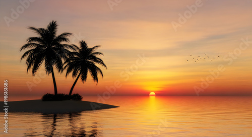 Serene Sunset with Silhouetted Palm Trees on Small Island illustration