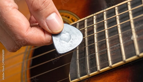 Hand Holding Guitar Pick Over Strings.