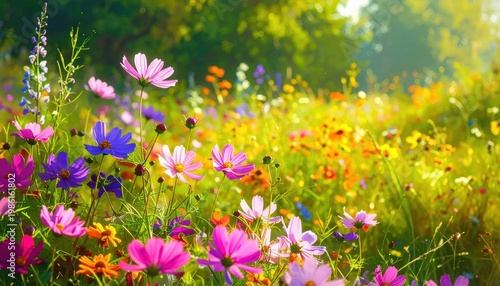 Vibrant Wildflowers in Sunny Meadow Landscape.