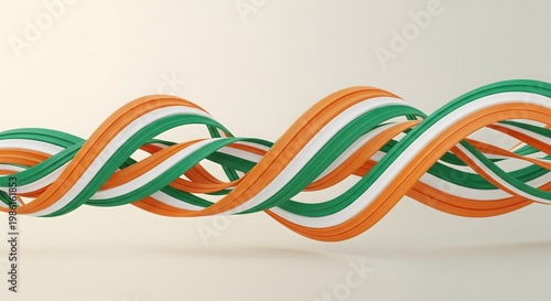 Abstract 3D render of twisted green, white, and orange ribbons spiraling across a neutral background.