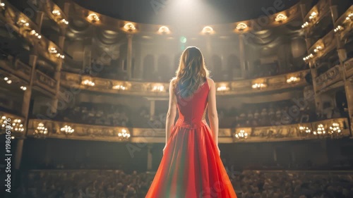 Back view of a woman in a red gown standing on a grand theatre stage before a large audience