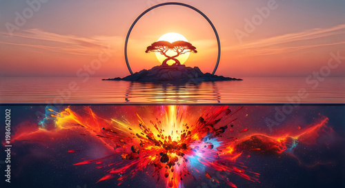 Serene Sunset Silhouette with Baobab Tree and Reflective Water illustration