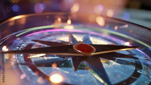 Close-up vintage compass on a glowing digital map symbolizing navigation, strategy and direction