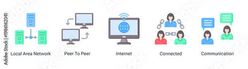 Network flow icon set featuring connection,internet,and communication systems.Suitable for networking and digital communication visuals.