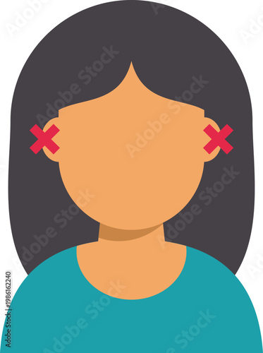 Woman's ears marked with red x symbols, indicating hearing problems or discomfort
