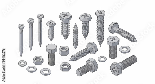 Assorted Fasteners - Screws, Bolts, Nuts, and Washers Illustration.