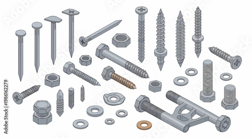 Assortment of Fasteners - Screws, Bolts, Nuts, and Washers Illustration.