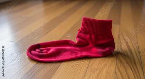 Single Red Sock Lying on a Wooden Floor Surface.