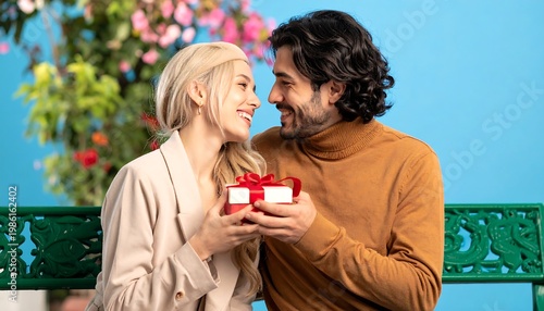 Smiling couple on bench. Woman receives red gift from man, flowers and bright blue background