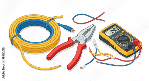 Electrical Tools and Supplies - Wire, Pliers, and Multimeter Illustration.