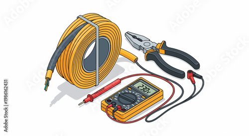 Electrical Tools - Cable Roll, Pliers, and Multimeter for Electrical Work.