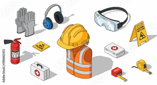 Essential Construction Safety Gear - Hard Hat, Vest, Gloves, and First Aid.