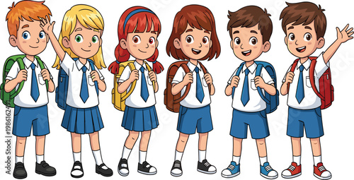 Cartoon School Children Characters Set Wearing Uniforms with Backpacks Showing Happy Students Ready for Education, Learning, Friendship, and Back to School Concept.