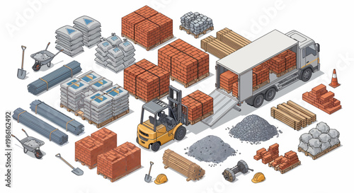 Isometric Construction Materials and Equipment Scene with Forklift and Truck.