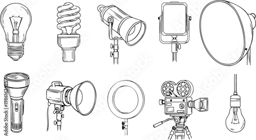collection of various lighting equipment and studio lights This image features a diverse set of lighting tools and studio equipment, including lamps, flashlights, and cinematography lights, 