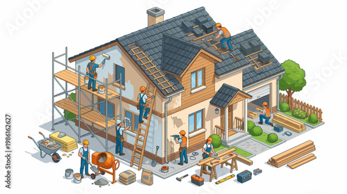 Isometric Illustration of Home Renovation Project with Workers and Equipment.