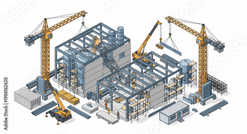 Isometric Illustration of Industrial Construction Site with Cranes and Steel Structures.
