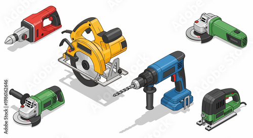 Isometric Power Tools Collection - Drill, Saw, Grinder, Sander.