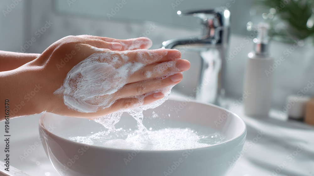 Fototapeta premium Close up of hands being thoroughly washed with soap and water in a modern bathroom. Personal hygiene and cleanliness are emphasized in this bright, clean setting