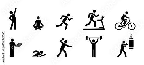 Fitness and Sports Stick Figure Icons Set – Exercise, Workout, and Healthy Lifestyle Symbols.