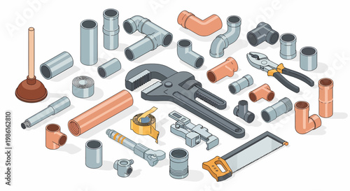 Plumbing Tools and Fittings Illustration - Pipes, Wrenches, and Plunger.