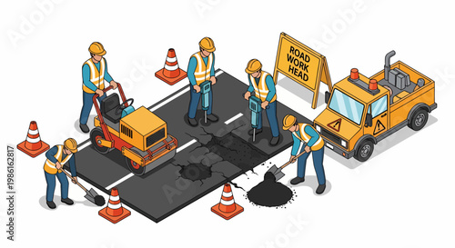 Road Construction Crew Repairing Asphalt Pavement with Equipment.