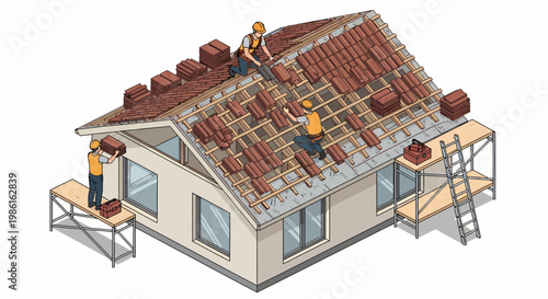 Roof Repair Illustration - Workers Installing Tiles on a House.