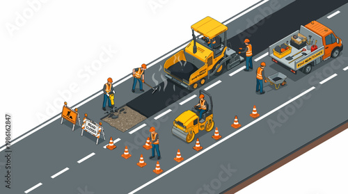 Road Construction Crew Repairing Asphalt Pavement with Heavy Machinery.