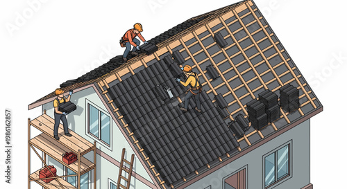 Roofers Repairing a House Roof with Tiles and Scaffolding.