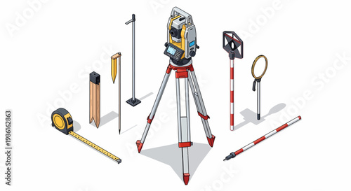 Surveying Equipment Set - Total Station, Tripod, and Measuring Tools.