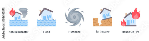Disaster events icon set with natural hazards and emergency situations.Ideal for crisis management and environmental risk designs.