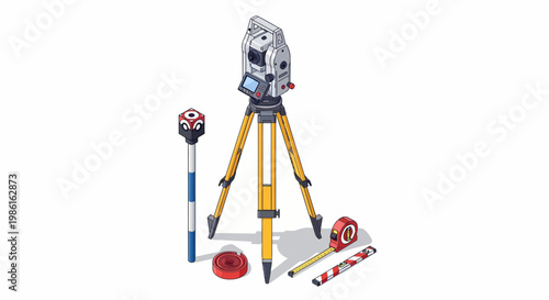 Total Station Surveying Equipment on Tripod with Accessories.