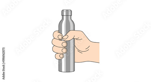 A pale human hand firmly grips a sleek silver stainless steel reusable water bottle against a pristine white background highlighting sustainable habits.